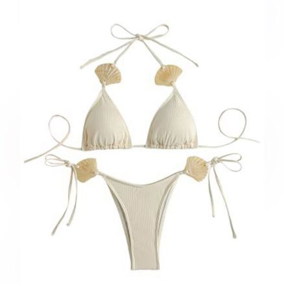 RoseSeek 2 Piece Bikini shell accents, High Cut Halter Triangle String Boho NWOT - Picture 1 of 6